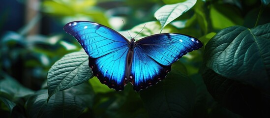Aufkleber - A spacious Blue Morpho Butterfly perched on a leaf, with a copy space image.
