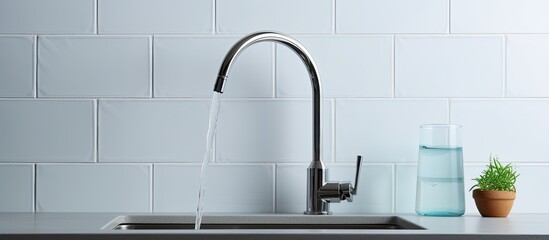 Poster - A thirsty person fills a glass with pure tap water in a kitchen with white tile walls, emphasizing the purity and cleanliness of natural water through a copy space image.