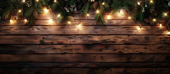 Poster - Wooden board with Christmas garland glowing, serving as a background with copy space image.