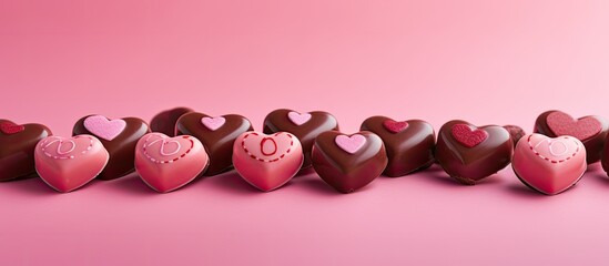 Aufkleber - Pink heart-shaped chocolate bonbons, hand-painted candies cut in half, arranged in a set with a macro shot on a pink background, ideal for a copy space image.
