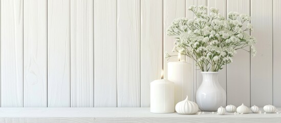 Wall Mural - Interior decoration of a house, candles, pot and vase on white wood and mint background. Modern interior. Minimalism style. with copy space image. Place for adding text or design