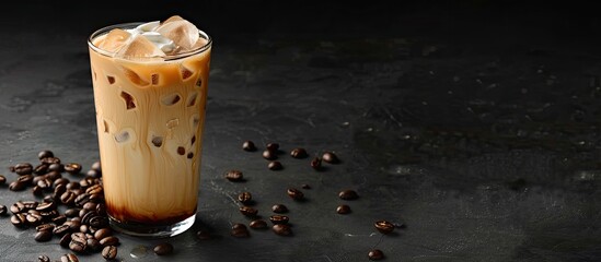 Iced coffee with cream, ice cubes, and beans in a tall glass on a dark concrete surface, set against a black backdrop with room for text or other elements {copy space image}.