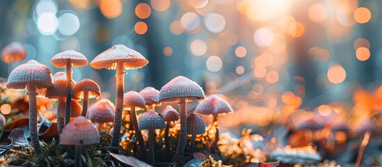 Poster - Copy space image of mushrooms on the ground with a blurred background.