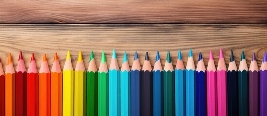 colorful array of colored pencils aesthetically arranged on a wooden backdrop with ample copy space 