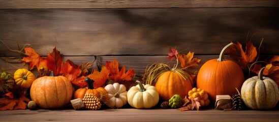 Fototapete - Seasonal autumn display featuring pumpkins, leaves, pine cones, and nuts on rustic wood backdrop with warm hues; perfect for seasonal decor with copy space image.