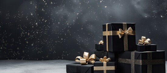 Christmas-themed concept with a stack of assorted-sized black gift boxes, providing copy space image.