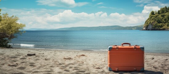 Poster - Scenic beach vista with a suitcase on the shore in a copy space image.