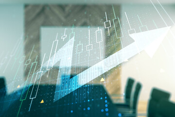 Poster - Abstract creative financial diagram and upward arrow hologram on a modern boardroom background, growth and development concept
