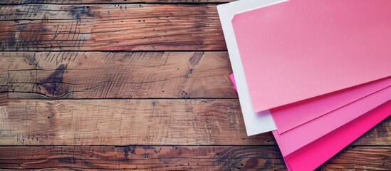 Poster - Abstract white and pink paper sheets adorning a wooden table with a copy space image for text, serving as a creative background perfect for design or mock-ups.