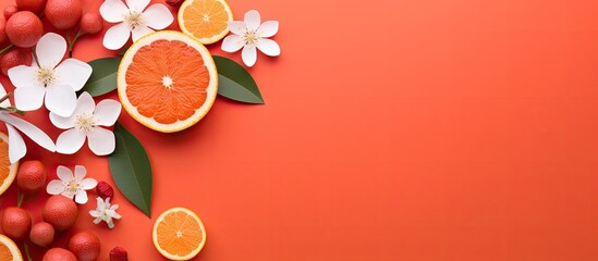 Poster - A flat lay displaying a red and orange paper background, ideal for adding text or products related to summer or Valentine's Day, with ample copy space for customization.