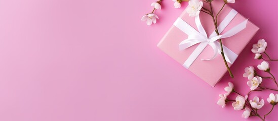 Poster - Stylish flat lay with flowers and gift box on a pink background, perfect for a greeting card mock-up with copy space image.