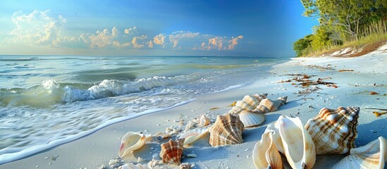 Poster - A panoramic coastal vista with a banner-like view featuring white sandy shores and seashells, ideal for copy space image.