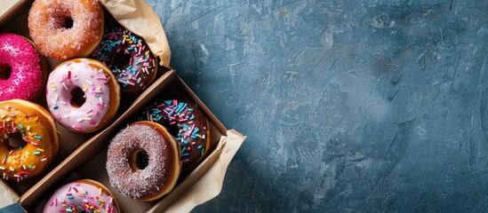 Fototapete - Top view of vibrant donuts arranged in a box on a paper surface, creating a visually appealing composition with available copy space image.