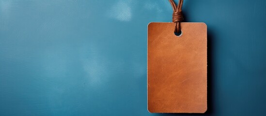 Wall Mural - String-tied brown paper tag with copy space image on blue backdrop.