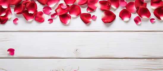 Fototapete - Red rose petals arranged in a frame on a white rustic wooden backdrop, perfect for Valentine's or Mother's Day. Ideal for holidays with a copy space image.