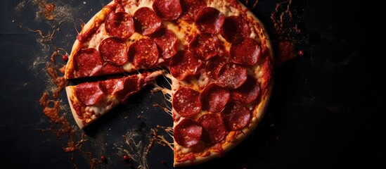 Poster - An aerial view of a pepperoni pizza with a missing slice, captured from above on a dark textured surface with a designated area for text in the image. with copy space image