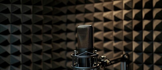 In a recording studio setup, a high-quality microphone is positioned against a black soundproof panel backdrop, providing a clean background for a copy space image.