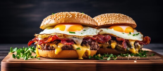 Poster - Wooden chopping board with cheese bacon burgers and eggs inside, displaying various spice flavors in a copy space image.