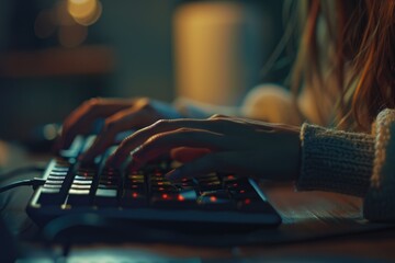 Poster - A close-up view of a person working on their laptop, focused on typing away