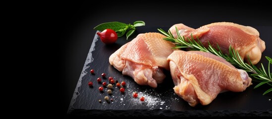 Aufkleber - Raw chicken quarters seasoned on a black slate board with ample copy space image.