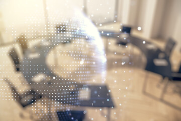 Aufkleber - Multi exposure of abstract graphic world map hologram on a modern furnished office interior background, connection and communication concept