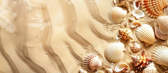 Wall Mural - Seashells scattered on sandy beach, embodying a classic summer atmosphere with a picturesque copy space image.