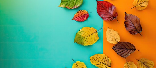 Poster - Autumn leaves on a colored background create a composition with plenty of copy space image.