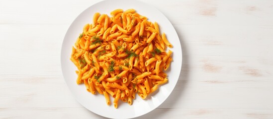 Aufkleber - Top view of Italian homemade Strozzapreti pasta showcased on a white plate with ample copy space in the image.