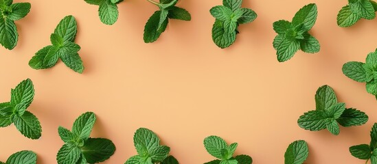 Poster - Top view of mint herbs on pastel background. Minimal raw herb concept design. with copy space image. Place for adding text or design