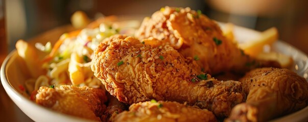 Wall Mural - Close-up of delicious crispy fried chicken drumsticks served with golden fries on a plate, perfect for comfort food lovers and dining scenes.
