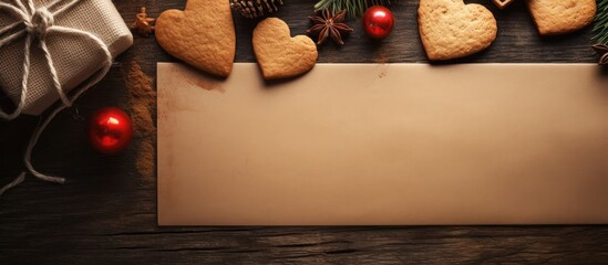 Poster - A festive Christmas-themed baking scene featuring a paper with room for text or images. Cookies and a heart made of twigs are displayed beside it. with copy space image