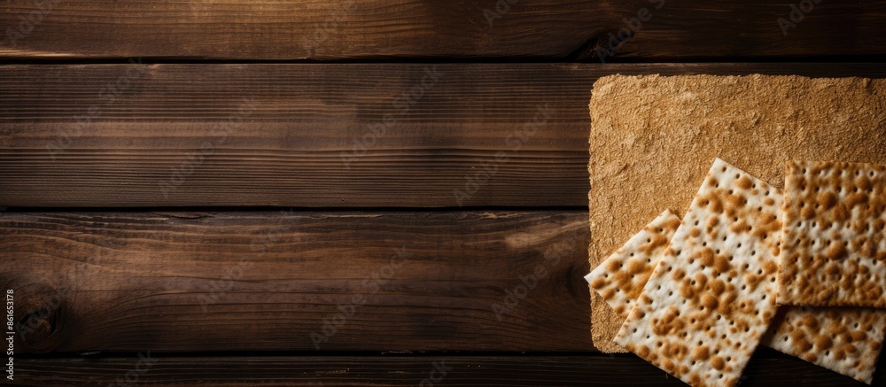 Matzah pack displayed on a rustic wooden backdrop with ample copy space ...