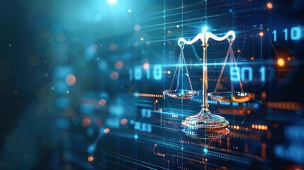 abstract digital law concept, scales of justice, futuristic background, glowing tech elements