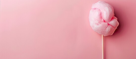 Fototapete - Homemade pink cotton candy on a stick displayed horizontally against a pink background with ample copy space for text or other images. Delicious homemade sweet treats.