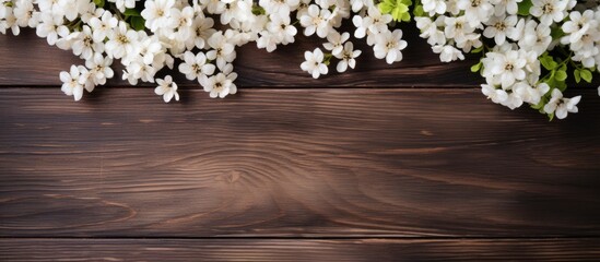 Aufkleber - Wooden surface with white flowers arranged for use as a background in a copy space image.
