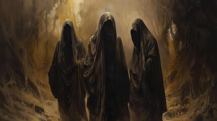 Wall Mural - Mysterious cloaked figures stand concealed in a dark