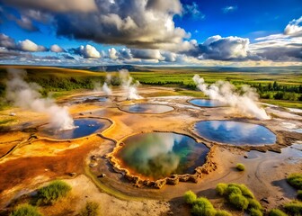 Wall Mural - Geysir area. Steam vents, fumaroles and boiling mud pots. Panorama of suggestive volcanic landscape in the Golden Circle, Iceland. Geothermal area in Haukadalur.