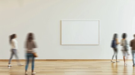 Canvas Print - Serene Art Gallery Scene with Soft White Plaster Wall and Passing People in Motion Blur, Modern Minimalist Aesthetic