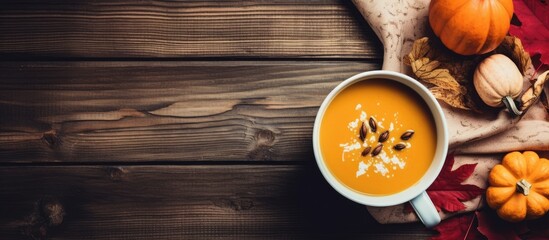 Aufkleber - A woman's hands cradle a mug of pumpkin soup topped with rye crispbreads in a top-down view, against a wooden background with autumn leaves, offering a copy space image.