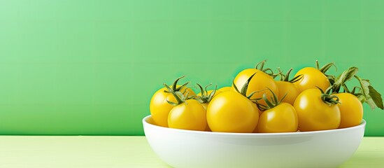 Leinwandbilder - Yellow tomatoes in a white bowl on a green background with copy space image.