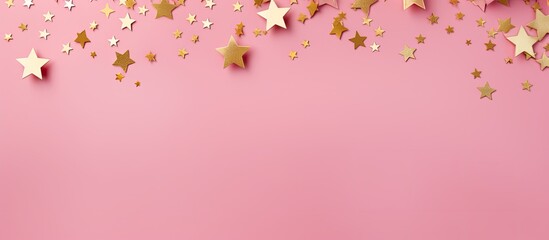 Poster - A pink background decorated with numerous lovely golden stars in a flat lay arrangement, leaving space for adding text or other elements within the image. with copy space image