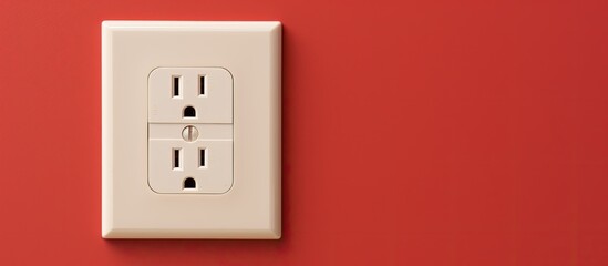Aufkleber - A plastic beige electrical outlet against a red backdrop, featuring copy space for text, to highlight the concept of electricity.