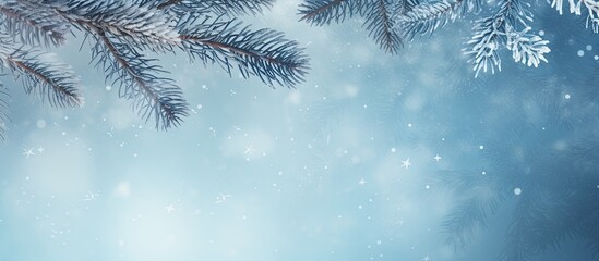 Aufkleber - Winter-themed Christmas fir tree branches on a blurred blue background, conveying a festive holiday atmosphere; ideal for a copy space image.