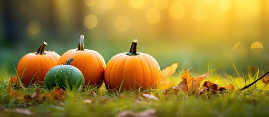 Poster - Three Halloween pumpkins, ripe and adorned with morning dew, rest on vibrant green grass with autumn leaves in the backdrop under the bright sunshine, providing a perfect copy space image.