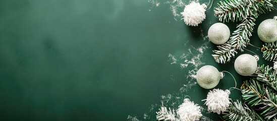 Poster - Festive winter decor with shiny glitter balls and fluffy white tinsel, perfect for the holiday season and New Year. Green background with copy space image.