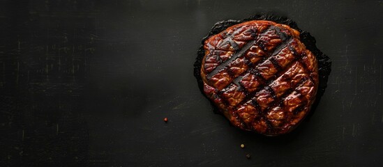 Fototapete - Top view of a grilled fillet mignon beef steak on a black background with ample copy space image.