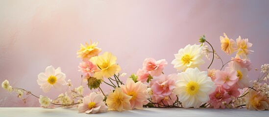 Wall Mural - An appealing display with pink and yellow blooms set against a backdrop of white paper, creating a delightful composition with copy space image.