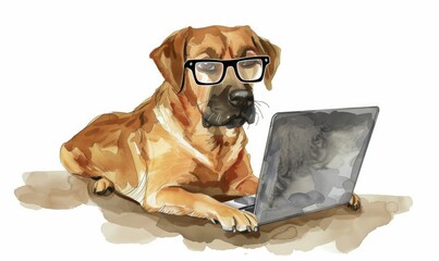 Wall Mural - The dog with glasses and laptop 