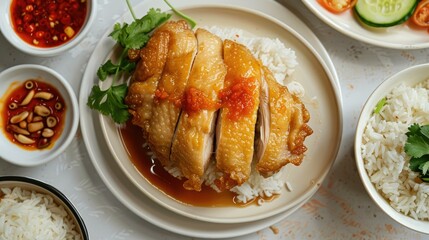 Wall Mural - Hainanese chicken rice with golden fried chicken, served with aromatic oily rice and chili sauce