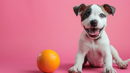 Develop a template with a playful puppy and a ball, ensuring there is plenty of copy space.
